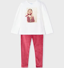 Load image into Gallery viewer, Cream top with print and ribbon detail  and matching red velvet leggings. Mayoral 4705 girl's out fit available to buy on kidstuff.ie