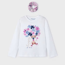 Load image into Gallery viewer, Long sleeved white top with floral motif and matching hair scrunchie. Girl's top and hair scrunchie set available to buy on kidstuff.ie. Mayoral 3092 girls top and hair accessory.