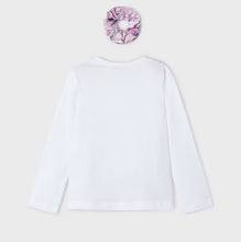 Load image into Gallery viewer, Long sleeved white top with floral motif and matching hair scrunchie. Girl's top and hair scrunchie set available to buy on kidstuff.ie. Mayoral 3092 girls top and hair accessory. Back view