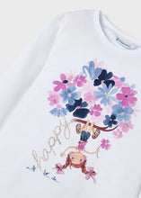 Load image into Gallery viewer, Long sleeved white top with floral motif and matching hair scrunchie. Girl's top and hair scrunchie set available to buy on kidstuff.ie. Mayoral 3092 girls top and hair accessory. Top detail