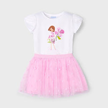 Load image into Gallery viewer, Girl's white top with mauve pink print with sequins and  mauve pink tulle skirt with elasticated waist. Mayoral 3946 set available on kidstuff.ie
