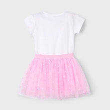 Load image into Gallery viewer, Girl's white top with mauve pink print with sequins and  mauve pink tulle skirt with elasticated waist. Mayoral 3946 set, back view. available on kidstuff.ie