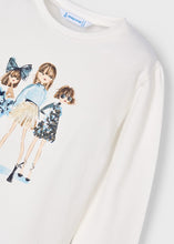 Load image into Gallery viewer, Girl's long sleeved cream top with   a graphic of 3 fashion dolls printed on the front with sequin details. Mayoral 4011 available on kidstuff.ie