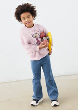 Load image into Gallery viewer, Child wearing a pink sweatshirt with a graphic design and blue jeans. Available on kidstuff.ie