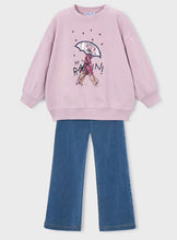Load image into Gallery viewer, A children's two-piece outfit featuring a light pink sweatshirt with a graphic of a girl holding an umbrella and the text 'HI RAIN!' along with small heart details, paired with blue wide-leg jeans available on kidstuff.ie