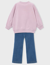 Load image into Gallery viewer, A children's two-piece outfit featuring an oversized light pink sweatshirt and blue wide-leg jeans, shown from the back .
