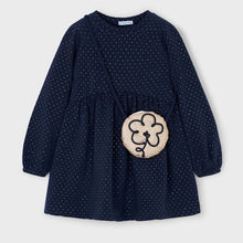 Load image into Gallery viewer, Girls dress in navy with polka dot print . Matching handbag. Mayoral 4926 available on kidstuff.ie