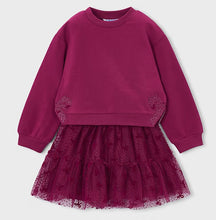 Load image into Gallery viewer, loose fitting raspberry red sweatshirt and a tulle tiered skirt with sparkle dtails