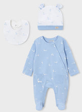 Load image into Gallery viewer, Baby blue outfit set with hat, bib, and onesie Mayoral 1728 baby gift outfit available to buy on kidstuff.ie
