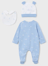 Load image into Gallery viewer, Baby blue outfit set with hat, bib, and onesie Mayoral 1728 baby gift outfit available to buy on kidstuff.ie Back view