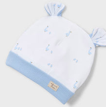 Load image into Gallery viewer, Baby hat with blue trim part of Baby blue outfit set with hat, bib, and onesie Mayoral 1728 baby gift outfit available to buy on kidstuff.ie