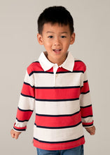 Load image into Gallery viewer, Child wearing Boy's long sleeved polo shirt with red, navy and beige stripes. mayoral 3111 boy's top available to buy on kidstuff.ie