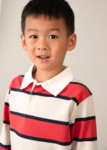 Load image into Gallery viewer, Child wearing Boy's long sleeved polo shirt with red, navy and beige stripes. mayoral 3111 boy's top available to buy on kidstuff.ie