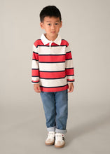 Load image into Gallery viewer, Child wearing Boy's long sleeved polo shirt with red, navy and beige stripes. mayoral 3111 boy's top available to buy on kidstuff.ie