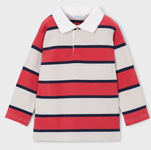 Load image into Gallery viewer, Boy's long sleeved polo shirt with red, navy and beige stripes. mayoral 3111 boy's top available to buy on kidstuff.ie