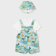 Load image into Gallery viewer, Baby boy short dungarees , tee shirt and matching hat.  mayoral 1639 turquoise baby short dungaree set available to buy on kidstuff.ie. Turquoise animal print baby 3 piece set
