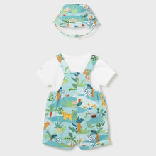 Load image into Gallery viewer, Baby boy short dungarees , tee shirt and matching hat. mayoral 1639 turquoise baby short dungaree set available to buy on kidstuff.ie. Turquoise animal print baby 3 piece set Back view