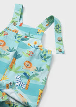 Load image into Gallery viewer, Baby boy short dungarees , tee shirt and matching hat. mayoral 1639 turquoise baby short dungaree set available to buy on kidstuff.ie. Turquoise animal print baby 3 piece set