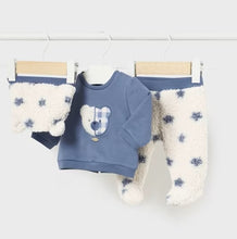 Load image into Gallery viewer, Baby boy's 3 piece blue and cream  outfit. Sweatshirt, bottoms and hat for a baby boy. Mayoral  2514 to buy on kidstuff.ie