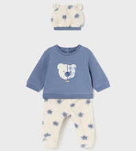 Load image into Gallery viewer, Baby boy's 3 piece blue and cream  outfit. Sweatshirt, bottoms and hat for a baby boy. Mayoral  2514 to buy on kidstuff.ie