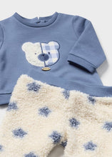 Load image into Gallery viewer, Baby boy's 3 piece blue and cream  outfit. Sweatshirt, bottoms and hat for a baby boy. Mayoral  2514 to buy on kidstuff.ie