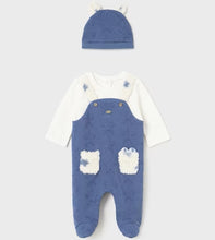 Load image into Gallery viewer, Baby boy dungaree onesie and hat set. Mayoral 2618. Baby romper and hat in blue and cream to buy on kidstu.ie