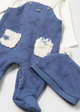 Load image into Gallery viewer, Baby boy dungaree onesie and hat set. Mayoral 2618. Baby romper and hat in blue and cream to buy on kidstu.ie