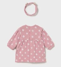 Load image into Gallery viewer, back view of Baby girls pink long sleeved jersey dress with cream dot pattern and matching headband, Mayoral 2807 baby dress available on kidstuff.ie