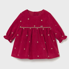 Load image into Gallery viewer, Red long sleeved velvet dress for a baby girl with gold/beige polka dots .Mayoral 2820 available on kidstuff.ie
