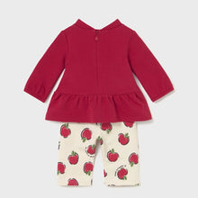 Load image into Gallery viewer, Back view of Red top for a baby girl with apple appliqué on the front  and cream pants with apple pattern . Mayoral 2634 baby girl outfit available on kidstuff.ie
