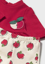 Load image into Gallery viewer, Red top for a baby girl with apple appliqué on the front  and cream pants with apple pattern . Mayoral 2634 baby girl outfit available on kidstuff.ie