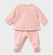 Load image into Gallery viewer, back view of a baby girl's two-piece footed set in light pink velour, featuring a long-sleeve top with a cream floral Peter Pan collar paired with matching pink footed pants.