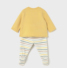 Load image into Gallery viewer, baby's yellow  long sleeved top with cute dinosaur appliqué on the front and matching striped leggings with feet in. Mayoral 2566 baby outfit available on kidstuff.ie Back view