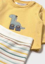 Load image into Gallery viewer, baby's yellow  long sleeved top with cute dinosaur appliqué on the front and matching striped leggings with feet in. Mayoral 2566 baby outfit available on kidstuff.ie