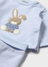 Load image into Gallery viewer, Baby boy's sky blue two piece outfit with long sleeved top and bunny rabbit appliqué. Matching sky blue bottoms with feet in . Mayoral 2566 available on kidstuff.ie