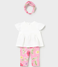 Load image into Gallery viewer, White top, pink floral leggings, and headband . Mayoral 1735 pink outfit for a baby available to buy on kidstuff.ie