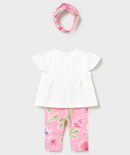 Load image into Gallery viewer, White top, pink floral leggings, and headband . Mayoral 1735 pink outfit for a baby available to buy on kidstuff.ie Back view