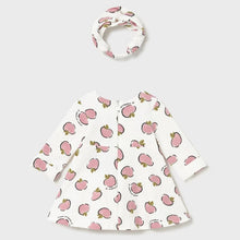 Load image into Gallery viewer, Baby dress with pink apple pattern on cream and matching headband . Mayoral 2827 baby dress se available on kidstuff.ie Back view