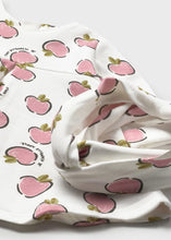 Load image into Gallery viewer, Baby dress with pink apple pattern on cream and matching headband . Mayoral 2827 baby dress se available on kidstuff.ie