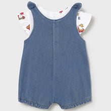 Load image into Gallery viewer, Blue denim romper with bows on the shoulder and pockets with a white printed top for a baby. Mayoral 1649 baby girl's romper set available to buy on kidstuff.ie Back view