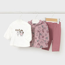 Load image into Gallery viewer, Baby girl's clothing set with a cream shirt, pink heart-patterned jacket with hood, and pink pants. Mayoral 2633 available on kidstuff.ie