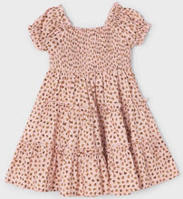 Load image into Gallery viewer, girl's dress with shirred bodice in quartz pink print available to buy on kidstuff.ie