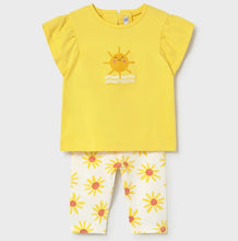 Load image into Gallery viewer, Yellow top with sun design and floral capri leggings for a girl. Mayoral 1751 girl's outfit available to buy on kidstuff.ie