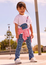 Load image into Gallery viewer, Child wearing Girl's outfit with white top printed with a blue cross-body bag and matching blue leggings with heart print. Mayoral 3730 girl's outfit available to buy on kidstuff.ie