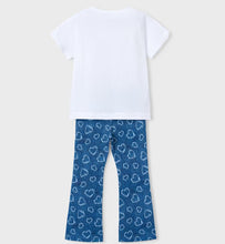 Load image into Gallery viewer, Girl's outfit with white top printed with a blue cross-body bag and matching blue leggings with heart print. Mayoral 3730 girl's outfit available to buy on kidstuff.ie Back vew