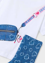 Load image into Gallery viewer, detail of Girl's outfit with white top printed with a blue cross-body bag and matching blue leggings with heart print. Mayoral 3730 girl's outfit available to buy on kidstuff.ie