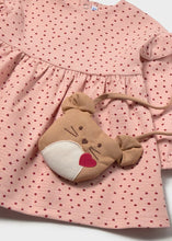 Load image into Gallery viewer, Pink polka dot dress with a brown bear-shaped hand bag