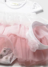 Load image into Gallery viewer, Baby girl's white dress with tulle ruffles in three shades of pink and matching headband with tulle rose decoration. Mayoral 1601 baby romper dress set available to buy on kidstuff.ie