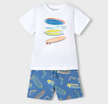 Load image into Gallery viewer, Boys surf-board print tee and shorts. Mayoral 3604 set. Boys top and shorts with surfboard print available on kidstuff.ie