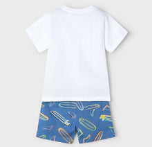 Load image into Gallery viewer, Boys surf-board print tee and shorts. Back view. Mayoral 3604 set. Boys top and shorts with surfboard print available on kidstuff.ie